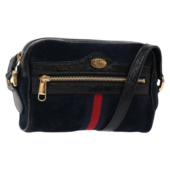 GUCCI Sherry Line Shoulder Bag Suede Navy Gold - Picture 1 of 14